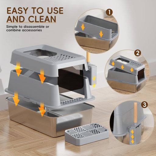 FRETONBA XXL Mačji WC od Nehrđajućeg Čelika, 26L Veliki Kapacitet, Pokriven, S Pedalom, S Filterom