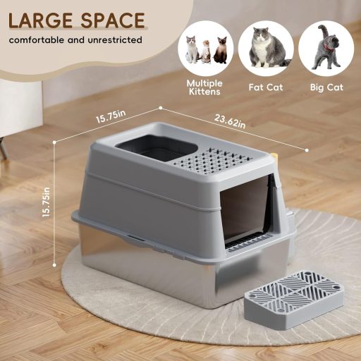 FRETONBA XXL Mačji WC od Nehrđajućeg Čelika, 26L Veliki Kapacitet, Pokriven, S Pedalom, S Filterom