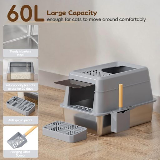 FRETONBA XXL Macskavécé Rozsdamentes Acél, 26L Nagy Kapacitás, Fedeles, Pedálos, Szűrővel