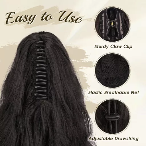 FESHFEN Extensie de păr coadă de cal cu clips - 65 cm, păr artificial ondulat, coadă împletită cu agrafe pentru femei, piesă de păr sintetică termorezistentă, negru natural