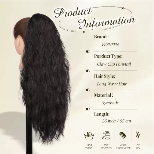FESHFEN Extensie de păr coadă de cal cu clips - 65 cm, păr artificial ondulat, coadă împletită cu agrafe pentru femei, piesă de păr sintetică termorezistentă, negru natural