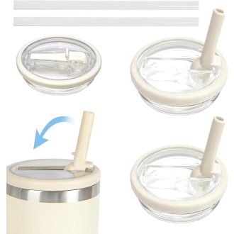   HUIKUANGEU Stanley Pohár Csere Fedél 40 oz Kulacshoz - Szivárgásmentes, Porálló Ivónyílás 2 db Szívószállal - Újrahasználható Krémszínű Kieg