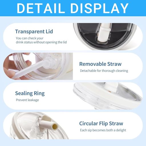 HUIKUANGEU Stanley Pohár Csere Fedél 40 oz Kulacshoz - Szivárgásmentes, Porálló Ivónyílás 2 db Szívószállal - Újrahasználható Krémszínű Kieg