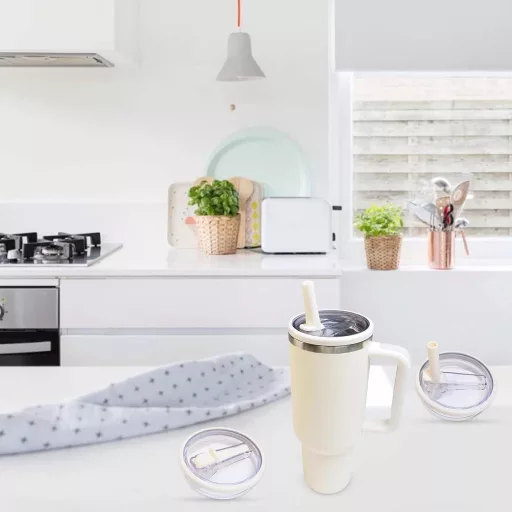 Capac de schimb pentru pahar Stanley HUIKUANGEU, pentru sticlă de 40 oz - Etanș, rezistent la praf, gură de băut cu 2 paie - Accesoriu reutilizabil, crem.