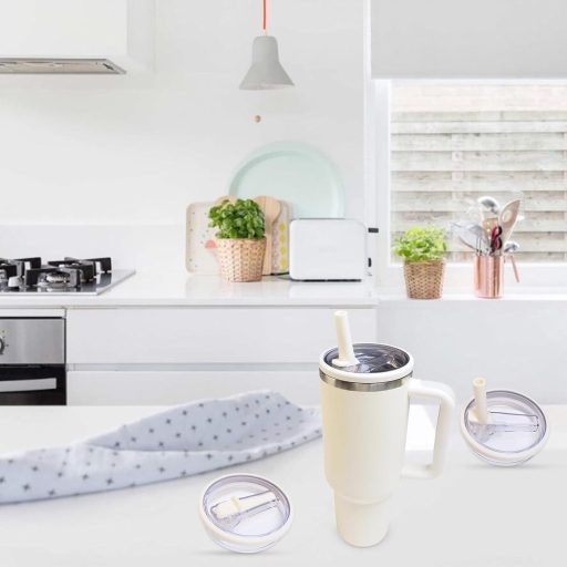 Capac de schimb pentru pahar Stanley HUIKUANGEU, pentru sticlă de 40 oz - Etanș, rezistent la praf, gură de băut cu 2 paie - Accesoriu reutilizabil, crem.