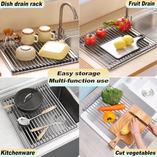 Laphontab Skladací odkvapkávač na riad z nehrdzavejúcej ocele - Čierny odkvapkávač na riad do drezu, kuchynský organizér 43x35 cm