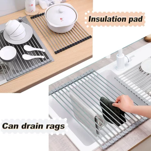 Suport pliabil pentru uscat vase Laphontab, din oțel inoxidabil - Negru, uscător de vase pentru chiuvetă, organizator de bucătărie 43x35 cm