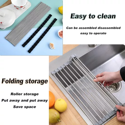 Suport pliabil pentru uscat vase Laphontab, din oțel inoxidabil - Negru, uscător de vase pentru chiuvetă, organizator de bucătărie 43x35 cm