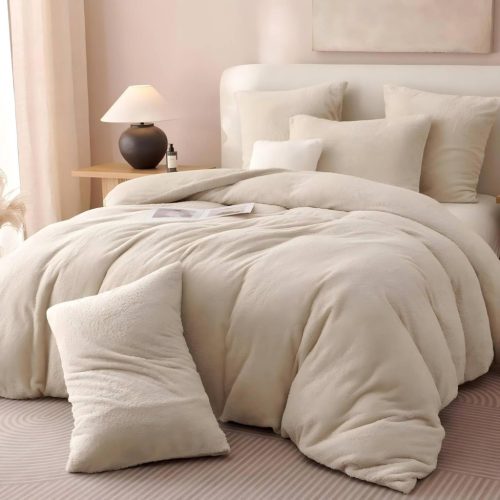 Tospass Plüss Ágynemű 200x200 cm Bézs Teddy Fleece Mikroszálas Huzat Cipzárral - Puha Téli Garnitúra 2 db 80x80 cm Párnahuzattal - Cashmere 