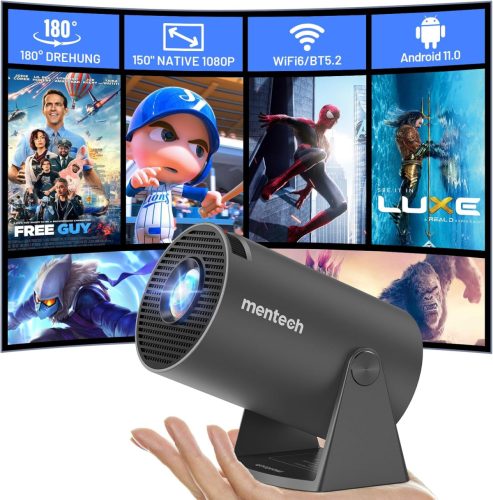 Mini Proiector Mentech Rotativ 180°, Android TV 11.0, Suport 1080P, WiFi 6, Bluetooth, Proiecție de 150 Inch, Corecție Automată