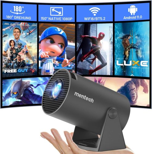 Mini Proiector Mentech Rotativ 180°, Android TV 11.0, Suport 1080P, WiFi 6, Bluetooth, Proiecție de 150 Inch, Corecție Automată