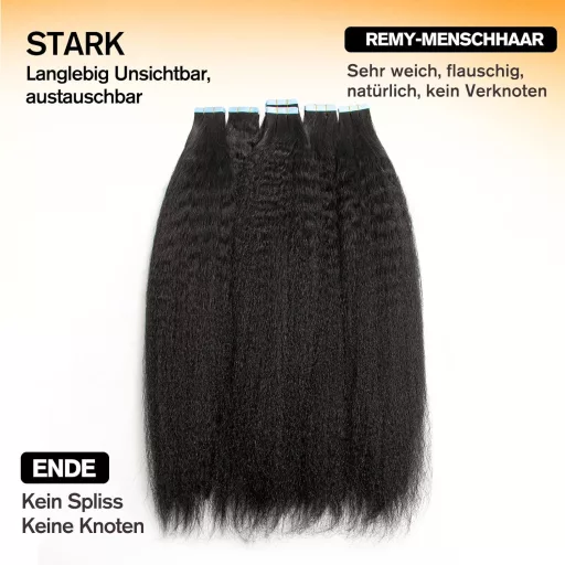 Extensii de păr natural creț cu bandă adezivă ISHEENY, 55cm, negru natural, 50g