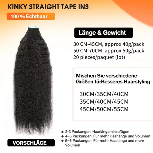 Extensii de păr natural creț cu bandă adezivă ISHEENY, 55cm, negru natural, 50g