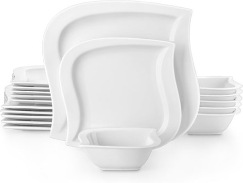 Set de masă modern din porțelan MALACASA Elvira, 18 piese pentru 6 persoane - set farfurii alb crem pentru felul principal, desert și cereale, compatibil cu mașina de spălat vase.
