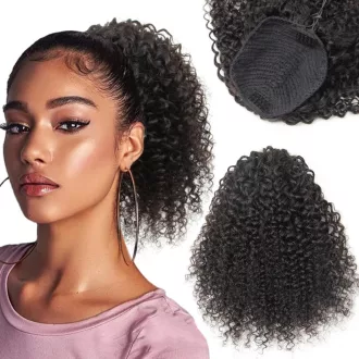   Coada de cal afro kinky curly ISHEENY din păr natural, neagră, 35 cm, extensie de păr cu elastic