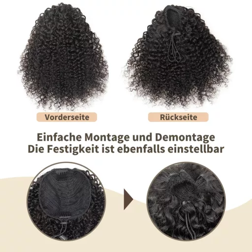 Coada de cal afro kinky curly ISHEENY din păr natural, neagră, 35 cm, extensie de păr cu elastic