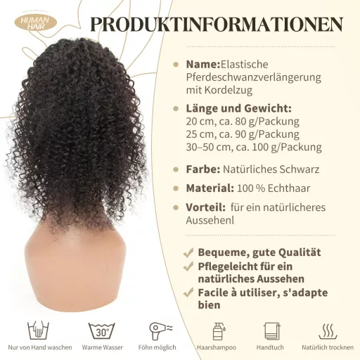 Coada de cal afro kinky curly ISHEENY din păr natural, neagră, 35 cm, extensie de păr cu elastic