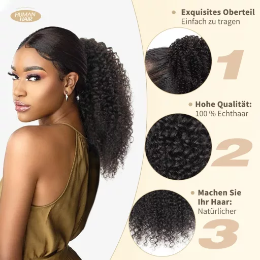 ISHEENY Afro Kinky Curly Lófarok Valódi Hajból, Fekete, 35 cm, Hajhosszabbítás Gumival