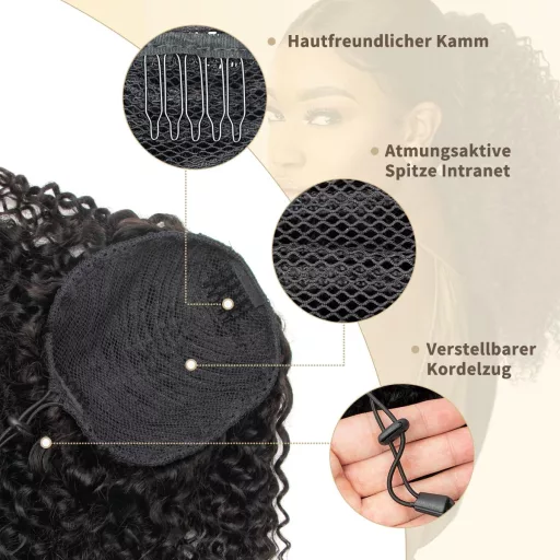 Coada de cal afro kinky curly ISHEENY din păr natural, neagră, 35 cm, extensie de păr cu elastic