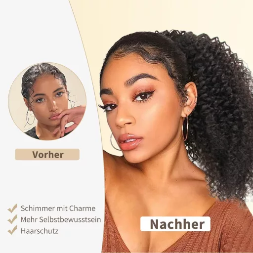Coada de cal afro kinky curly ISHEENY din păr natural, neagră, 35 cm, extensie de păr cu elastic