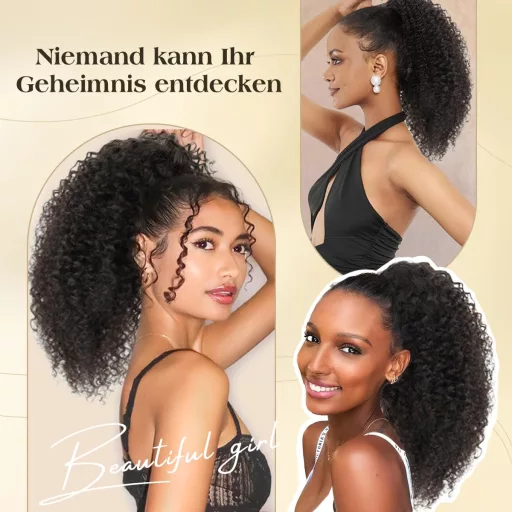 Coada de cal afro kinky curly ISHEENY din păr natural, neagră, 35 cm, extensie de păr cu elastic