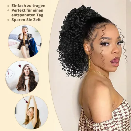 ISHEENY Afro Kinky Curly Lófarok Valódi Hajból, Fekete, 35 cm, Hajhosszabbítás Gumival