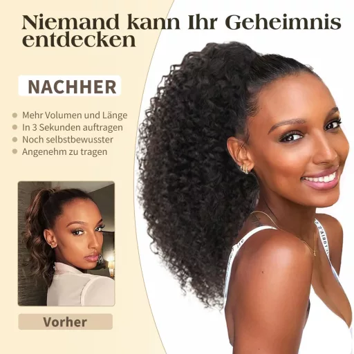 ISHEENY Afro Kinky Curly Lófarok Valódi Hajból, Fekete, 35 cm, Hajhosszabbítás Gumival