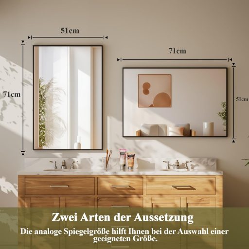 Oglindă de perete BEAUTYPEAK 76x51 cm cu ramă din aluminiu negru pentru baie, dormitor, sufragerie