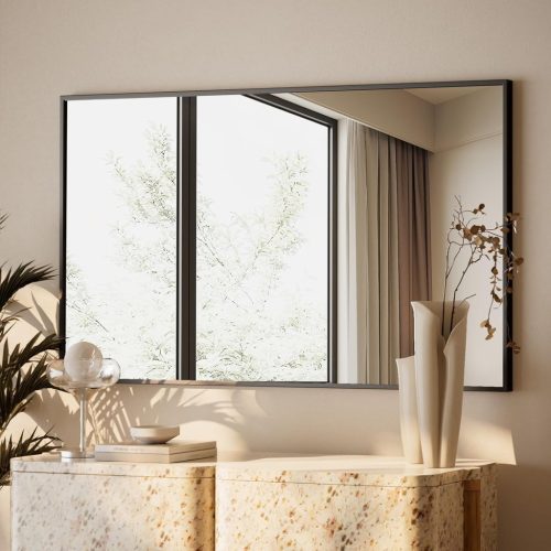 BEAUTYPEAK Fekete Fali Tükör Alumínium Kerettel, 96x66 cm, Törésálló Üveg, Fürdőszobába, Hálószobába, Nappaliba, Téglalap Alakú