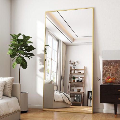 BEAUTYPEAK Nagyméretű Álló Tükör 76x180 cm - Törhetetlen Alumínium Testmagasságú Tükör Hálószobába, Nappaliba - Falra Akasztható vagy Támasz