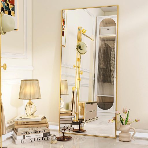 BEAUTYPEAK Nagyméretű Álló Tükör 76x180 cm - Törhetetlen Alumínium Testmagasságú Tükör Hálószobába, Nappaliba - Falra Akasztható vagy Támasz