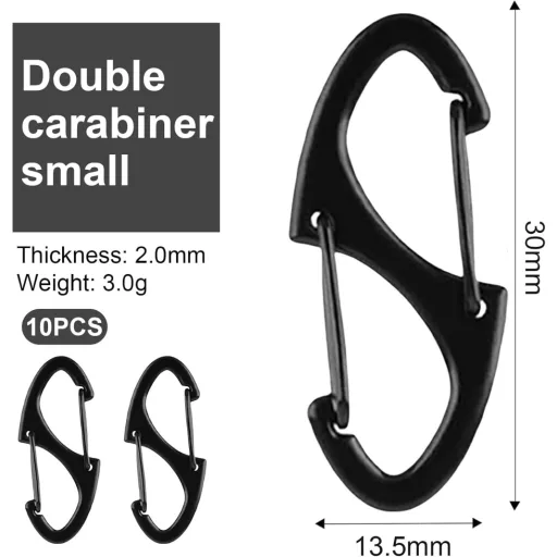 Moguri 10 buc. Carabiner negru în formă de S cu cap dublu, cârlig de 3 mm - Mini carabine pentru brelocuri, rucsacuri și echipamente de exterior - C