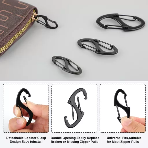 Moguri 10 buc. Carabiner negru în formă de S cu cap dublu, cârlig de 3 mm - Mini carabine pentru brelocuri, rucsacuri și echipamente de exterior - C