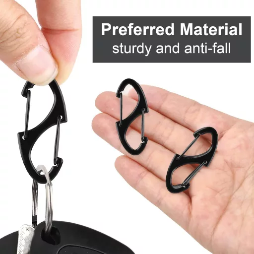 Moguri 10 buc. Carabiner negru în formă de S cu cap dublu, cârlig de 3 mm - Mini carabine pentru brelocuri, rucsacuri și echipamente de exterior - C
