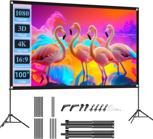 VISULAPEX 100 Inch Hordozható Vetítővászon Állvánnyal - 16:9 4K HD Összecsukható Vetítővászon Hordtáskával Otthoni Mozihoz, Kerti Filmezéshe