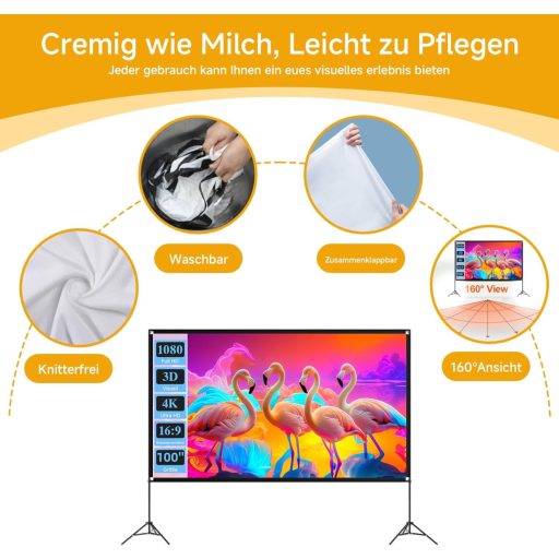 VISULAPEX 100 Inch Hordozható Vetítővászon Állvánnyal - 16:9 4K HD Összecsukható Vetítővászon Hordtáskával Otthoni Mozihoz, Kerti Filmezéshe