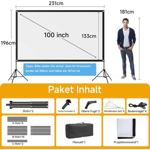 VISULAPEX 100 Inch Hordozható Vetítővászon Állvánnyal - 16:9 4K HD Összecsukható Vetítővászon Hordtáskával Otthoni Mozihoz, Kerti Filmezéshe