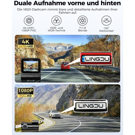 LINGDU V620 Autokamera 4K Predná 1080P Zadná, 2,4" IPS WiFi Dash Cam so 64GB SD Kartou, Nočné Videnie GPS 170° Širokouhlá