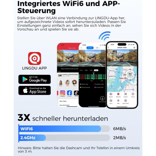 LINGDU V620 Autós Menetrögzítő Kamera 4K Elöl 1080P Hátul, 2.4" IPS WiFi Dash Cam 64GB SD Kártyával, Éjjellátó GPS 170° Széles