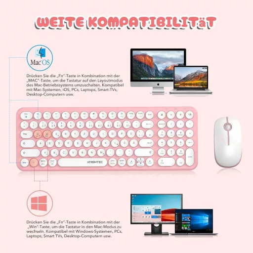 xtremtec Retro Írógép Billentyűzet és Egér Szett, Vezeték Nélküli, Rózsaszín-Fehér