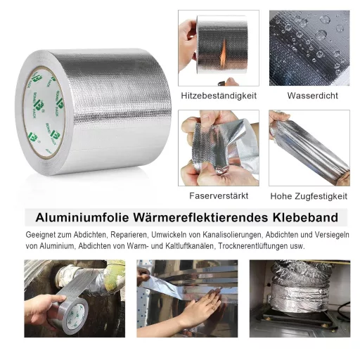 BOMEI PACK Bandă de aluminiu ranforsată 100mm x 20m, adeziv rezistent la căldură și apă