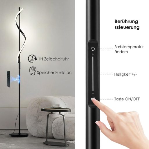 LOKUNM Állólámpa LED 20W - Fekete Modern Mennyezeti Spotlámpa Távirányítóval, Fényerőszabályzós, 1800lm, Érintésvezérelt Olvasólámpa Nappali