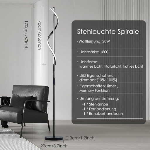 LOKUNM Állólámpa LED 20W - Fekete Modern Mennyezeti Spotlámpa Távirányítóval, Fényerőszabályzós, 1800lm, Érintésvezérelt Olvasólámpa Nappali