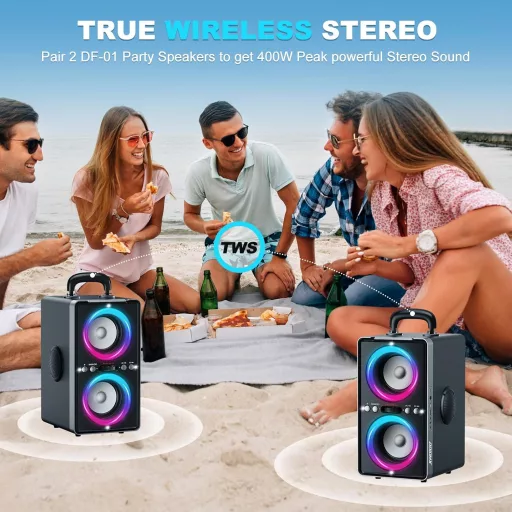 ODIOMX 200W Bluetooth reproduktor s LED svetelnými efektmi, 105dB stereo basy, TWS párovanie, rýchle nabíjanie