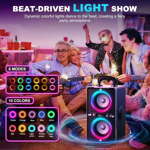 ODIOMX 200W Bluetooth hangfal LED fényjátékkal, 105dB sztereó basszus, TWS párosítás, gyorstöltés