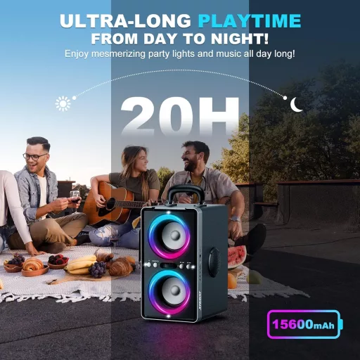 ODIOMX 200W Bluetooth hangfal LED fényjátékkal, 105dB sztereó basszus, TWS párosítás, gyorstöltés