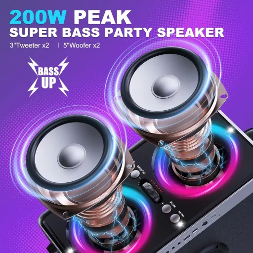ODIOMX 200W Bluetooth hangfal LED fényjátékkal, 105dB sztereó basszus, TWS párosítás, gyorstöltés