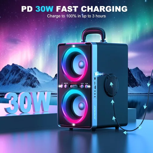 ODIOMX 200W Bluetooth hangfal LED fényjátékkal, 105dB sztereó basszus, TWS párosítás, gyorstöltés