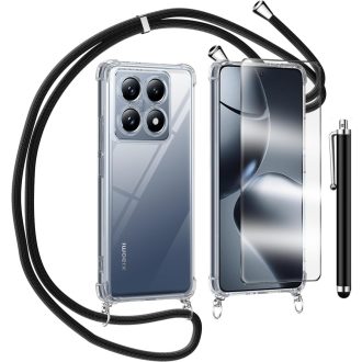   TTSWJBD Puzdro na Xiaomi 14T s popruhom na krk - Priehľadný silikónový ochranný kryt s odnímateľnou čiernou šnúrkou a ochrannou fóliou na displej
