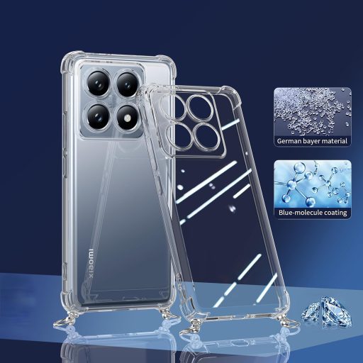 TTSWJBD Puzdro na Xiaomi 14T s popruhom na krk - Priehľadný silikónový ochranný kryt s odnímateľnou čiernou šnúrkou a ochrannou fóliou na displej